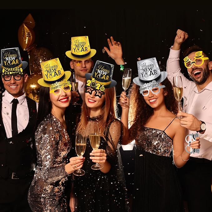 48PCS New Years Eve Party Supplies 2026 for 24 Guests, Happy New Years Decorations Party Favors Includes Top Hats, Tiaras, Glasses Accessories for Adults Nye Decorations 2026