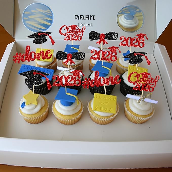 Gyufise 30Pcs 2026 Graduation Cupcake Toppers Red Glitter Class of 2026 Cake Toppers Graduation Done Cupcake Picks Grad Cap Diploma Cake Decorations for 2026 Theme Party Cake Decorations