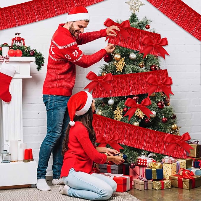 3 Pack 10 Ft Red Foil Fringe Garland Metallic Streamers Tinsel Banner Wall Hanging Garland Backdrop for Parade Floats, Halloween, Christmas, Thanksgiving, New Year Party Decorations