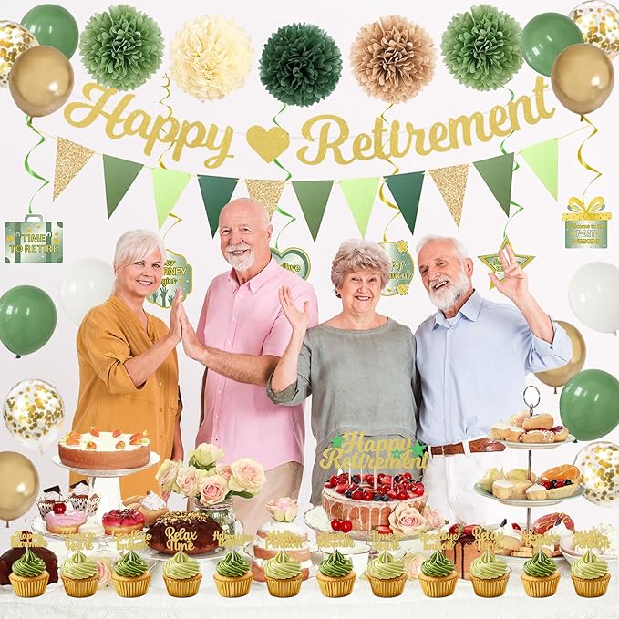 Roetyce Retirement Party Decorations Women Men, Green Happy Retirement Banner Balloons Cake Topper Hanging Swirls Pompoms Kit, Sage Green Office Retired Party Supplies for Coworker