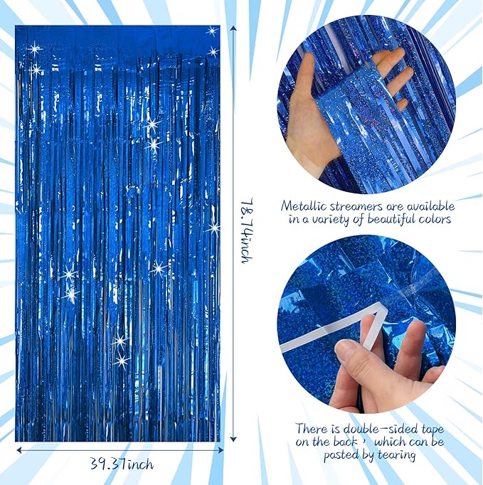 Tinsel Curtain Party Backdrop Blue Birthday Party Decorations 5 Packs Glitter Foil Fringe Curtain Party Decor Streamers Photo Booth for Birthday Christmas Wedding Halloween Graduation Decorations