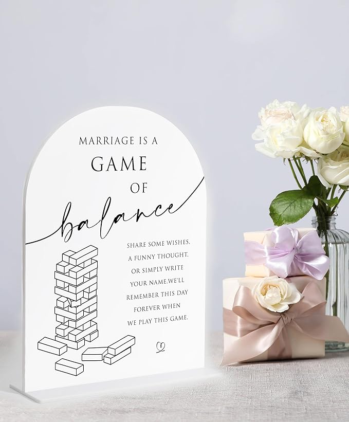 Jenga Guestbook Wedding Sign, White Arch Acrylic Sign, Guest Book Wedding Reception, Bridal Shower Decor, Engagement Party Decor, Centerpiece Table Decorations Party for Bride and Groom-8