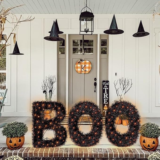 ATDAWN 3 Piece Outdoor Boo Sign Halloween Decoration, Lighted Boo Yard Display Set, Boo Yard Sign for Halloween Indoor Lawn Decor, Black & Orange