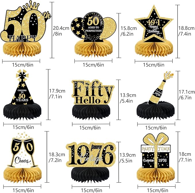 9 Pcs 50th Birthday Decorations Honeycomb Centerpieces for Women Men, Black Gold 1976 Aged to Perfection Vintage Centerpieces for Tables Toppers,Fifty Years Party Decorations Supplies