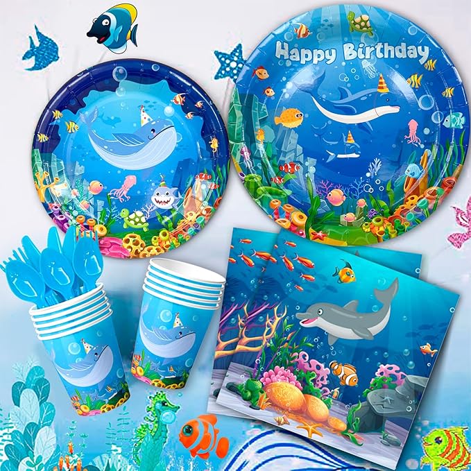 Under The Sea Party Supplies Serves 24, Ocean Sea Party Tablewear Set, Ocean Themed Party Decorations Plates Cups Napkins Tablecloth Banner etc Ocean Animal Party Tableware