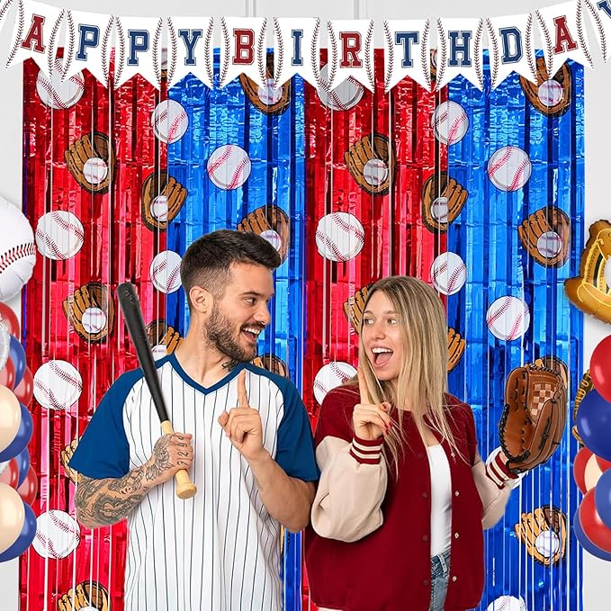 2 Pack Baseball Tinsel Foil Fringe Curtains Backdrop Party Decorations, Blue and White Red Door Streamers Banner Sports Themed Birthday Party Decor Supplies for Boys Favor