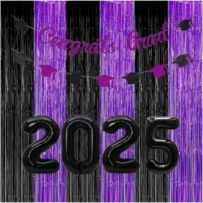 Graduation Decorations 2026 Purple Black Foil Fringe Backdrops, Black Purple Party Decorations Streamer Tinsel Curtains for Graduation Birthday Halloween Party(3 Pack)