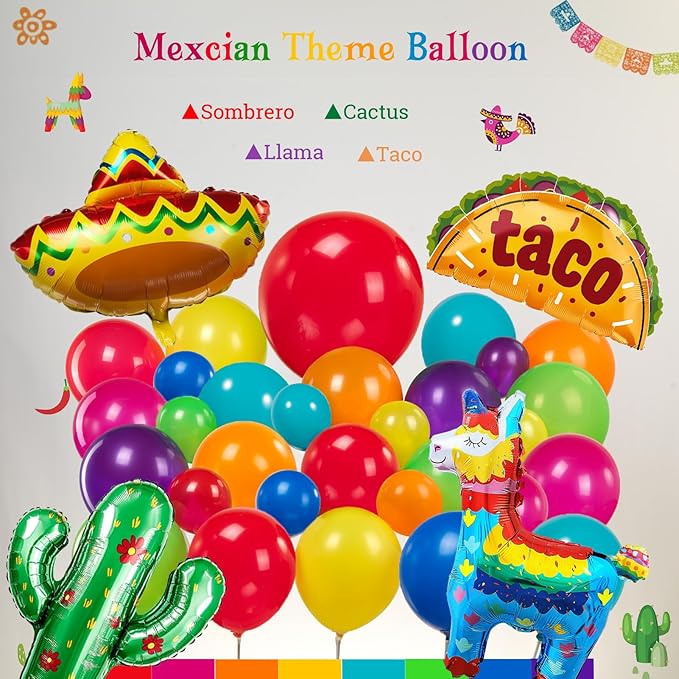 Mexican day of the dead party Decorations Colorful Balloon Garland Arch Kit Cactus Taco Sombrero pinata Mexican Themed Foil Balloons Banner for Cinco De Mayo Birthday Party Taco Bout Decoration