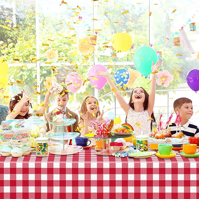 4 Pcs Red Checkered Tablecloth 54 ×108 Inches Rectangle Red Gingham Tablecloth Disposable Plastic Waterproof Table Cover for Outdoor Picnic, Kitchen, Holiday Birthday Party