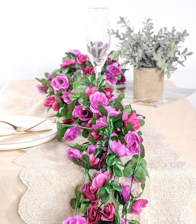 Miracliy 8Pcs 66FT Purple Flower Garland, Artificial Rose Floral Vines Fake Hanging Spring Flower Garland for Wall Backdrop Wedding Arch Tea Party Door Mantle Decoration