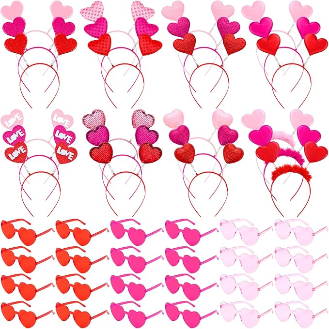 48 Pcs Red Love Heart Bopper Glitter Headbands and Heart Sunglasses, Wedding Party Pink Eyeglasses for Decor