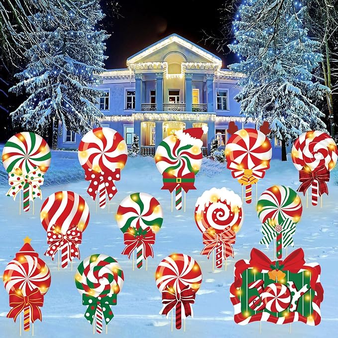 JOICEE 13pcs Christmas Outdoor Yard Signs Candy Decorations with LED Lights, Peppermint Lollipop Candy Signs with Stakes for Holiday Party Home Lawn Pathway Decorations Supplies