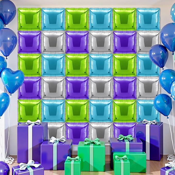 36 Pcs Buzz Birthday Decorations Balloons Brick Square Foil Balloons Wall Backdrop Arch Kit Double Sided Metallic for Cartoon Video Game Party Supplies(Green Purple Blue Silver)