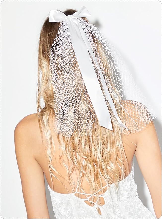Bridal Veil Bachelorette Party Veil White Bow Wedding Veil Elegant Tulle Layer Hair Clip for Women and Girls