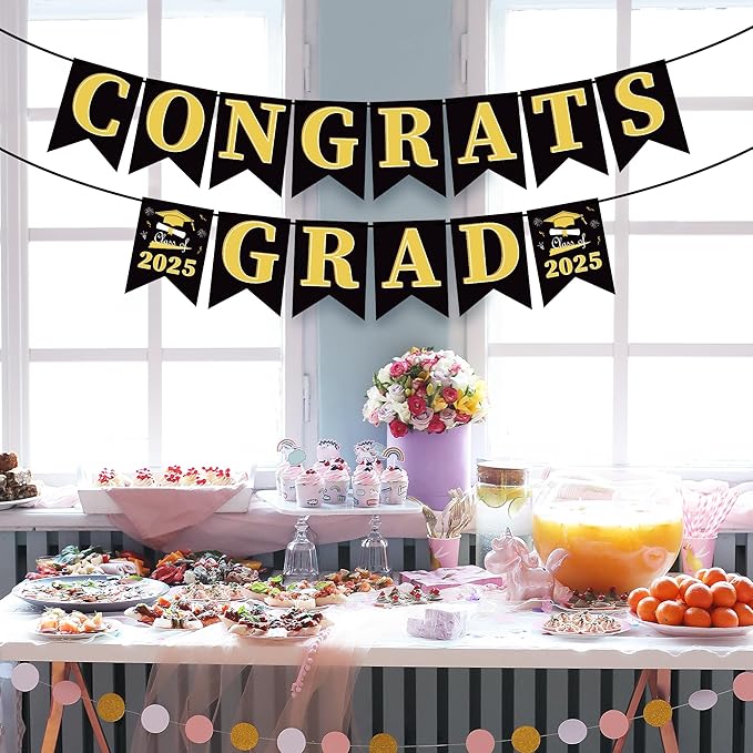 OHOME Graduation Decorations 2025 - Congratulations Banner - 2025 Graduation Party Decorations - Black Gold Congrats Grad Banner Party Supplies