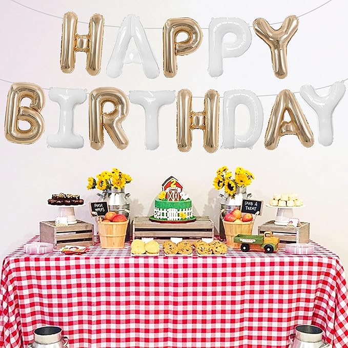 TONIFUL Happy Birthday Balloons Banner 16 Inch Mylar Foil Letters Birthday Sign Reusable for Girls Boys Kids & Adults Birthday Party Decorations Supplies（Champagne Gold White）