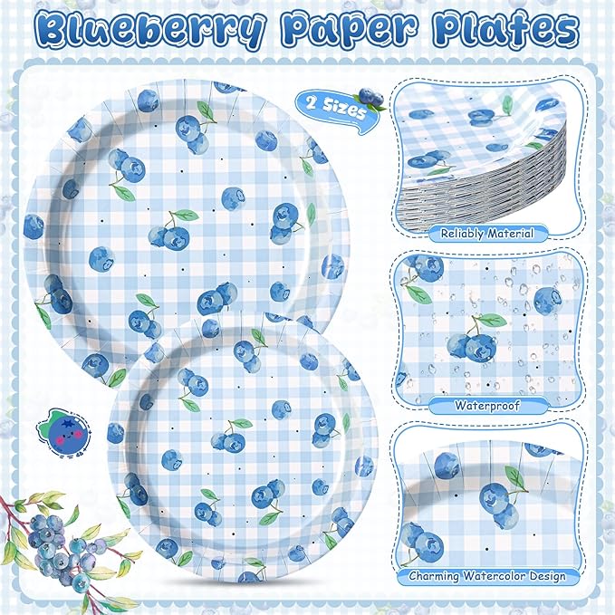 Honeydak 210 Pcs Blueberry Party Supplies for 30 Guests, Includes Plates, Cups, Napkins, Cutlery - Blueberry Checked Birthday Tableware Decorations for 1st Birthday, Summer Fruit Party