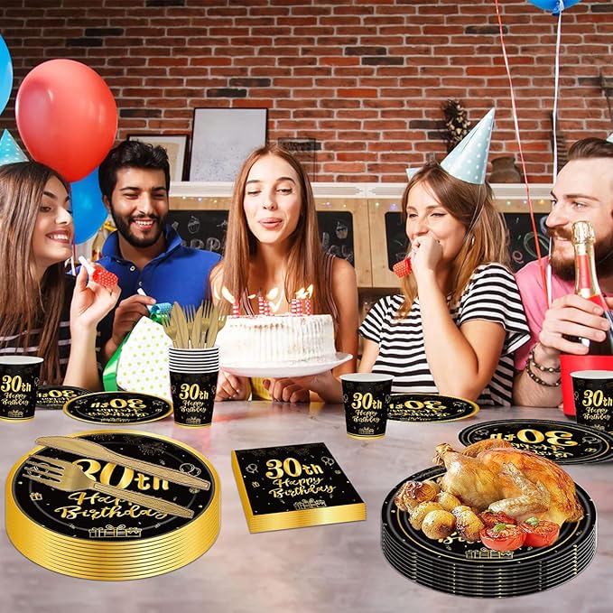 144PCS 30th Birthday Plates and Napkins Birthday Party Supplies 30th Birthday Party Decorations for Men Women Disposable Party Tableware Including Paper Plates Napkins Cups Forks Serve 24