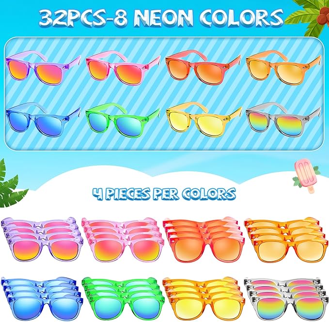 Kids Sunglasses Party Favors Bulk - 32Packs Goodie Bags Stuffers for Kids 3-8, Boys Girls Neon Sunglass with UV400 Protection for Kid Birthday Party, Pool Party Supplies, End of Year Student Gifts