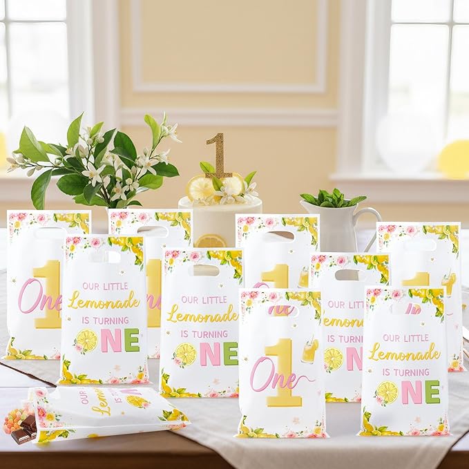 Lemon 1st Birthday Party Favor Bags - 50Pcs Our Little lemonade is Turning One Goody Candy Treat Bags, Summer Lemon Themed Baby First Birthday Party Decorations for Baby Shower