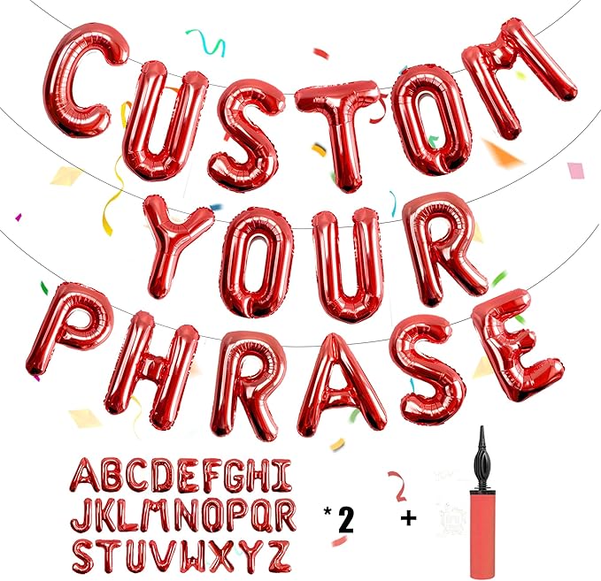 52 pcs Red Foil Letter Balloons with Air Pump, 16 Inch 2 A-Z Sets - Mylar Alphabet Balloon Kit for New Year, Valentine‘s Day, Birthday Banner & Party Decorations