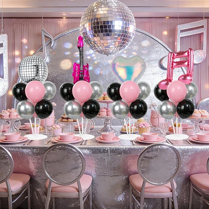 4 Sets Music Party Balloons Stand Kit with Music Note Guitar Disco Ball Colorful Heart Foil Balloons Concert Party Balloon Centerpiece for Tables for Indoor Outdoor Birthday Kpop Decorations