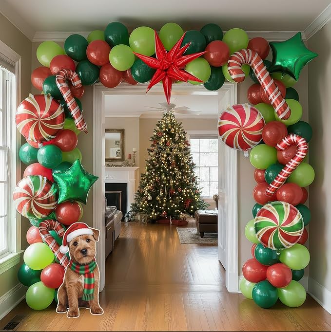 Christmas Party Decorations with Red Green Balloon garland arch Kit & small Candy cane Star Lollipop foil balloons for Kids Naughty Cartoon Birthday friendsmas Xmas Party Decorations (Red Green)