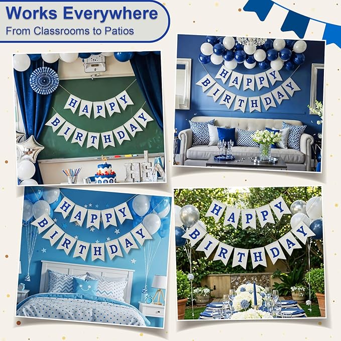 Happy Birthday Banner - Pre‑Strung Burlap Birthday Decorations and Reusable Birthday Sign for Men, Women & Kids | Party Supplies Backdrop (Navy Blue)