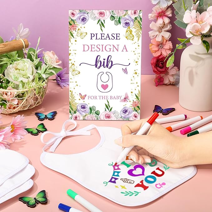 50 Pcs Baby Shower Game White Bib Kit Include 1 Wooden Baby Shower Game Sign 25 DIY Blank White Bibs 24 Colorful Markers(Butterfly)