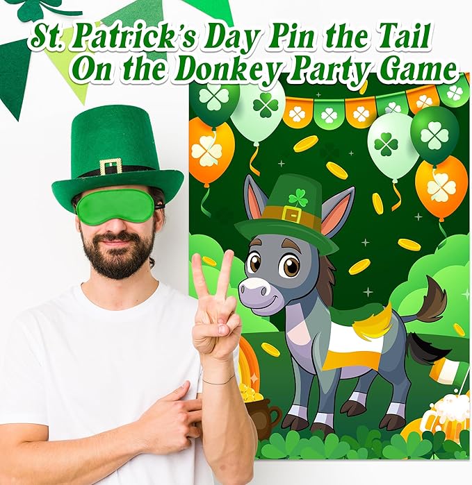 St. Patrick’s Day Pin the Tail On the Donkey Game Large Poster with 24 Pcs Stickers Blindfolds Fun Classroom Activity for Irish St. Patrick’s Day Carnival Birthday Party Decorations Wall Decor