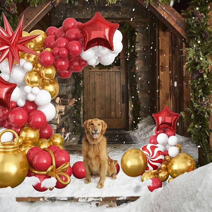 Red Christmas Balloon Garland Arch Kit, Christmas Red White Gold Balloons with Big Gingerbread Cane Windmill Star Mylar Foil Balloons, Metalic Gold Long Balloon for Happy Merry Decorations