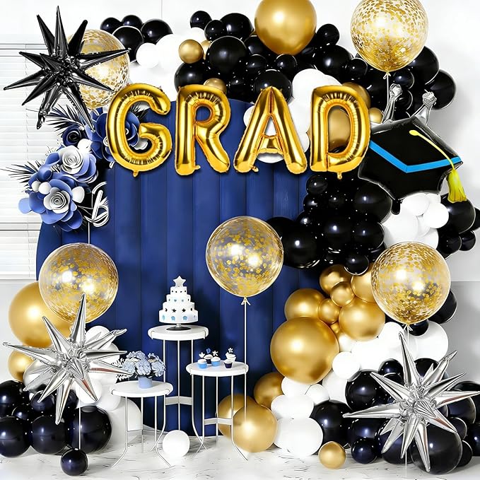 2026 Graduation Boxes Decorations,Black and Gold Balloon Garland Arch Kit with GRAD,2026 Balloon Boxes,Graduation Cap Decor for High School,College Graduation Party Supplies
