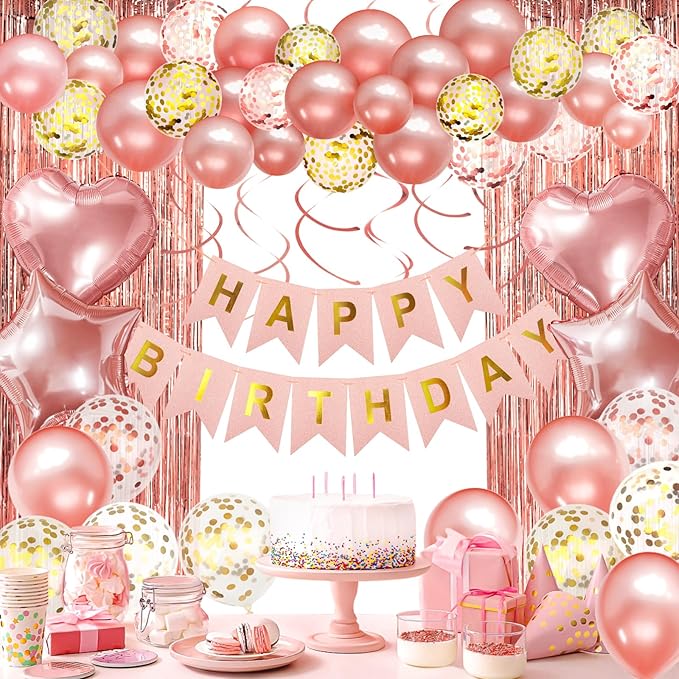 Rose Gold Birthday Decorations, Happy Birthday Banner, Confetti Balloons, Fringe Curtain, Heart Star Foil Balloons, Hanging Swirls for Women Girls Princess Party Decorations