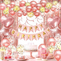Rose Gold Birthday Decorations, Happy Birthday Banner, Confetti Balloons, Fringe Curtain, Heart Star Foil Balloons, Hanging Swirls for Women Girls Princess Party Decorations