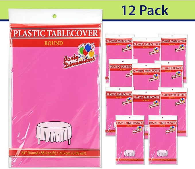 Pink Disposable Plastic Tablecloth for Round Tables (12 Pack) 84 inches Table Cloths for Parties, Events & Weddings, Indoors & Outdoors, Plastic Table Cover