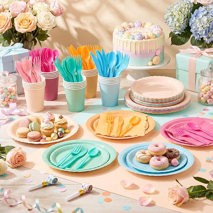 Zhehao 350 Pcs Candy Colors Party Supplies Set Colorful Disposable Tableware Kit with Plates, Cups, Napkins, Cutlery for Baby Shower, Birthday, Wedding