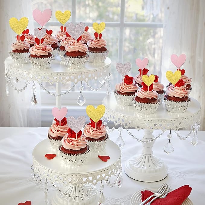 30 PCS Love Heart Cupcake Toppers Glitter Sweet Love Cupcake Picks Bridal Shower Cake Decorations for Wedding Engagement Valentine's Day Baby Shower Birthday Party Supplies Gold Silver Pink