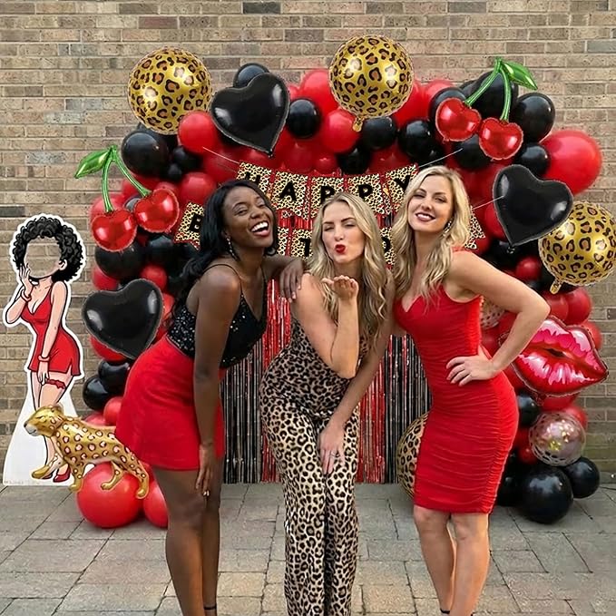 Leopard print party decorations with Red Black polka dot Balloon Arch & lips cherries black hearts foil balloons & banner foil Tinsel Fringe for Girls Woman cheetah print Birthday decorations (Red)