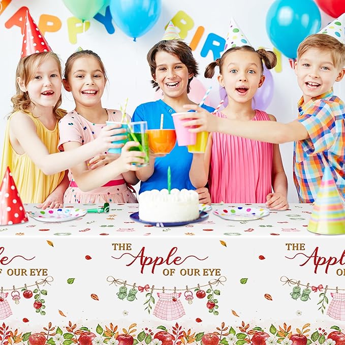 K1tpde Apple Baby Shower Tablecloth - 3PCS The Apple of Our Eye with Watercolor Flower Plastic Tablecloth, Disposable Sweet Baby Tablecover, Spring Floral Party Supplies for Birthday Decorations