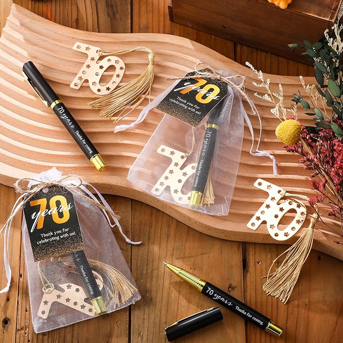 Spakon 25 Set 70th Birthday Party Favor for Guest Anniversary Party Favor Golden Birthday Bookmark Thanks for Coming Pen with Tag Appreciation Gifts for Women Men Wedding New Year