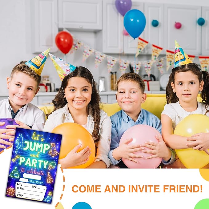 DETIHO 4" x 6" Jump Trampoline Birthday Party Invitation Cards With Envelopes - Let's Jump and Part - Bounce House Party Invitation - 20 Sets - E19