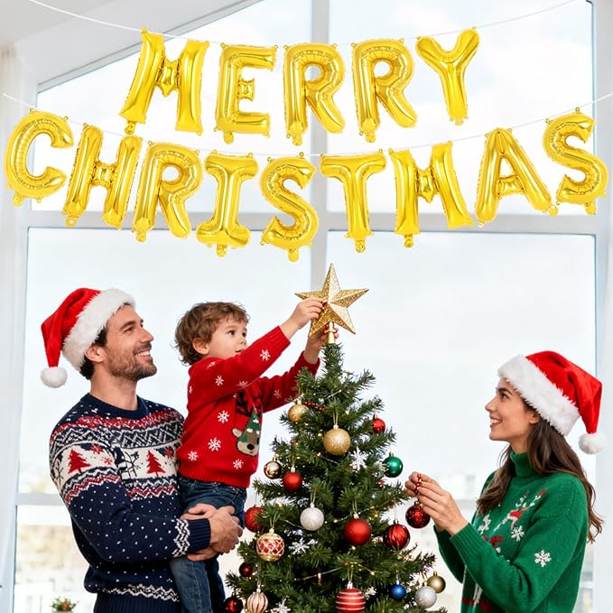 Gold Merry Christmas Letter Balloons Banner, Merry Christmas Foil Xmas Balloon for Xmas Party Decorations (Gold)