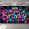 Glow in The Dark 14th Birthday Banner 71x43 Inch Colorful Paint Splatter Backdrop for Teen Boys Girls Fourteenth Party Decorations Neon Wall Decor Celebration Photo Booth Props Supplies