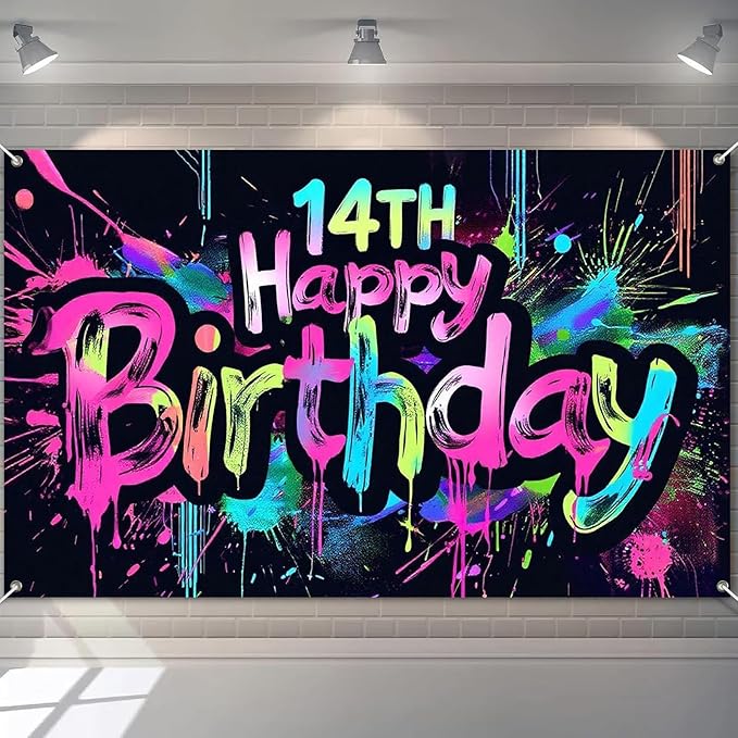 Glow in The Dark 14th Birthday Banner 71x43 Inch Colorful Paint Splatter Backdrop for Teen Boys Girls Fourteenth Party Decorations Neon Wall Decor Celebration Photo Booth Props Supplies