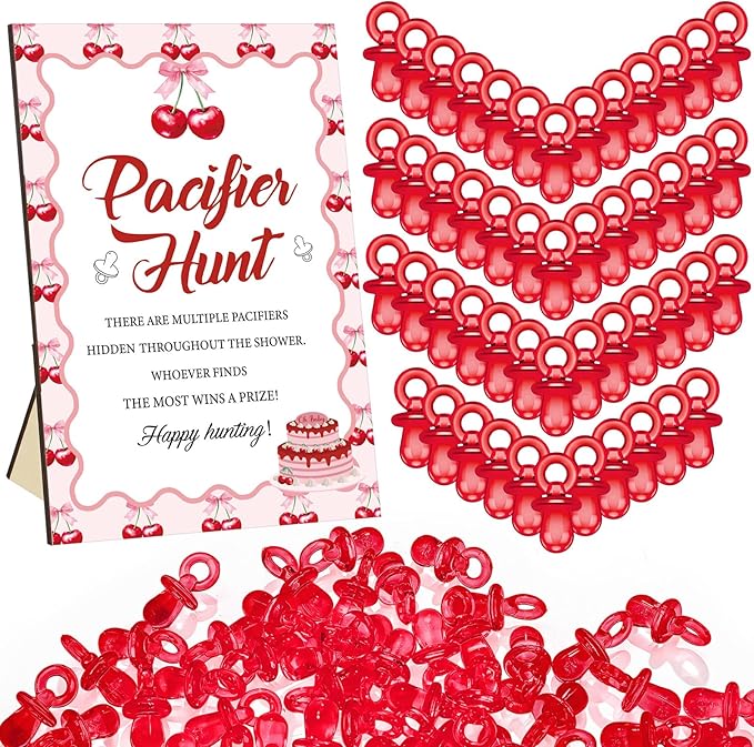 Thyle 51 Pcs She's Our Cherry on Top Theme Baby Shower Games Red Cherry Pacifier Hunt Include Hunt Sign and 50 Acrylic Pacifiers for Baby Shower Game Decoration Gift Sets Gender Reveal Party Decor