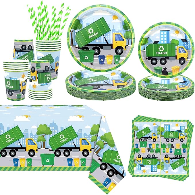Trash Truck Birthday Party Decoration - Garbage Truck Birthday Party Tableware Supplies Includes Plates, Cups, Napkins, Tablecloth, Straws (40)