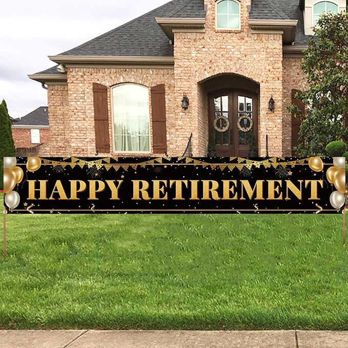 Large Happy Retirement Banner, Black and Gold Retirement Banner Sign, Party Decorations Supplies (9.8x1.6ft)