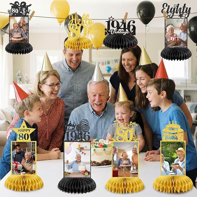 8Pcs 80th Birthday Decoration for Men Women Happy 80th Birthday Honeycomb Centerpieces 80th Birthday Table Party Decorations Black and Gold Cheers to 80 Years Decor 1946 Birthday Party Favors