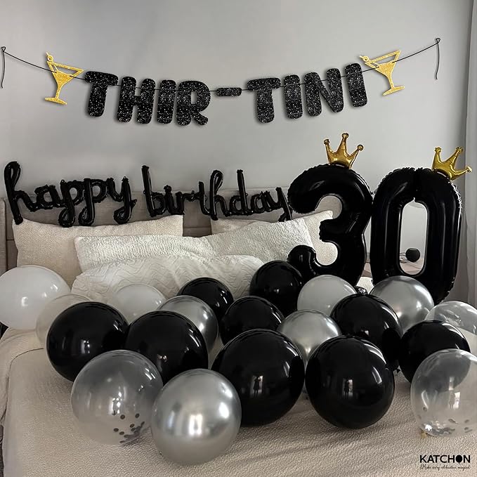 KatchOn, Thir-Tini 30th Birthday Banner – 10 Feet, No DIY | Black and Gold Glitter Martini Party Decorations, Funny 30th Birthday Decorations for Her, Him | A Tini Bit Older 30th Birthday Party Decorations