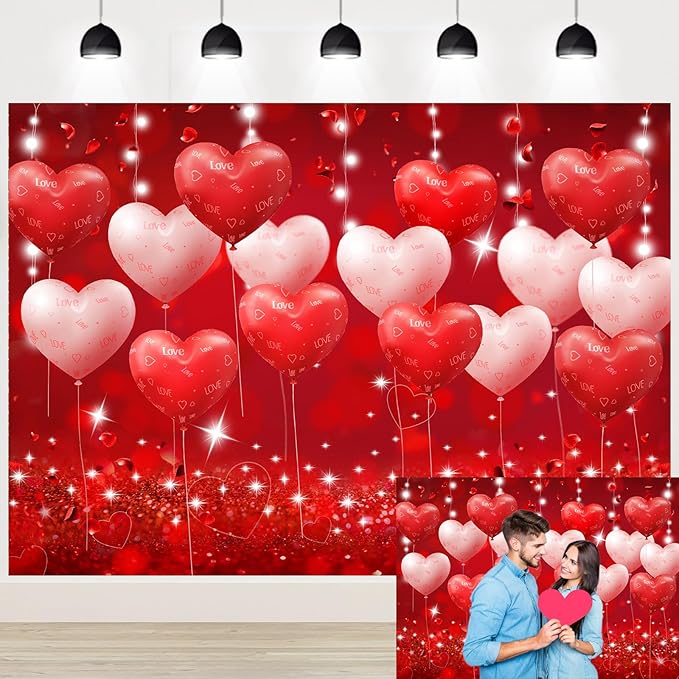 Red Hearts Balloons Anniversary Backdrop Banner Romantic Love Theme Photography Background for Anniversary Engagement Wedding Bridal Shower Couples Date Night Party Decorations 8x6ft（96x72 Inch）
